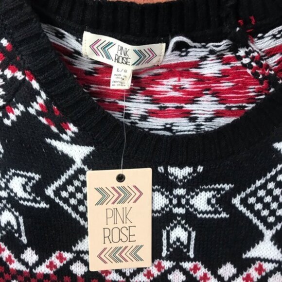 Pink Rose NEW Sweater Dress Tunic Pockets Print Knit Soft Nordic Style Large Red - Picture 10 of 15